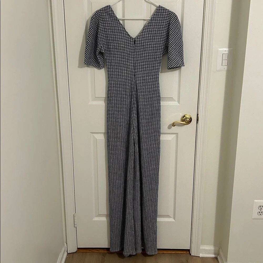 Staud Fraise Gingham Seersucker Ruched Short Sleeve Jumpsuit Navy New Size 6